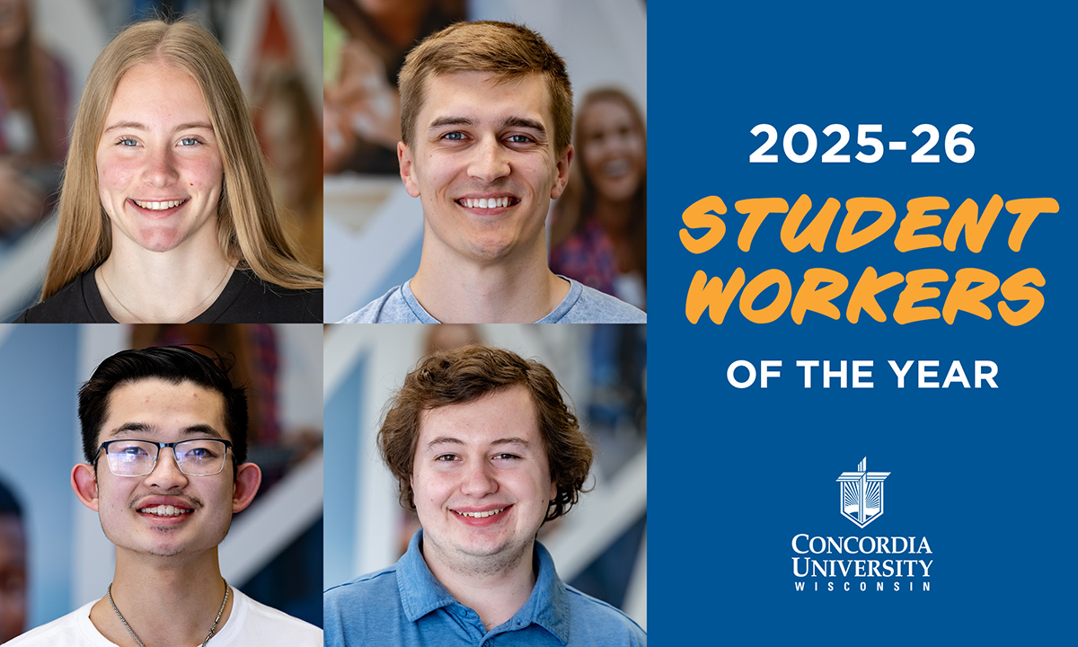 Four headshots of student workers of the year with the words 2024-26 student workers