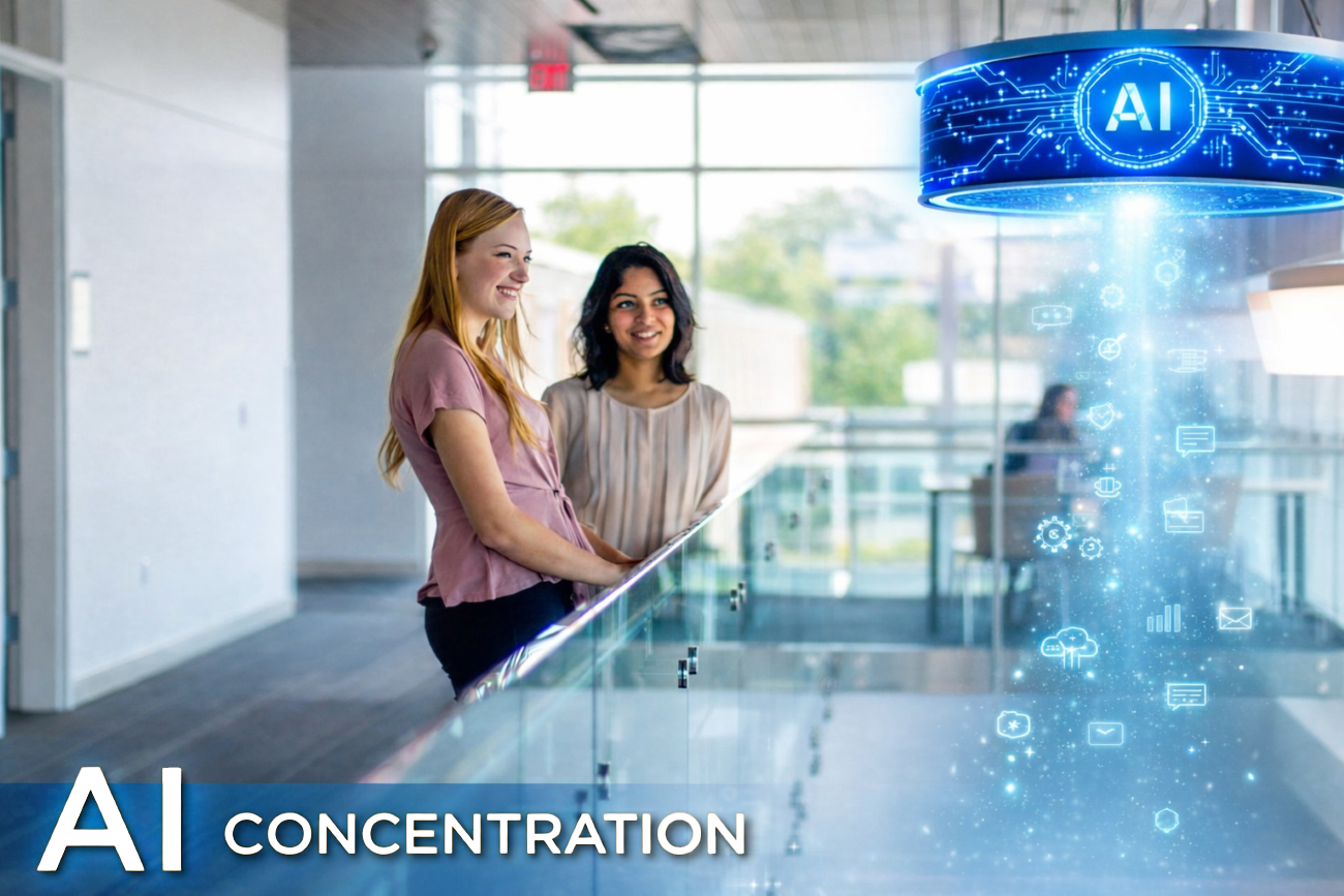 two woman looking out at an AI graphic