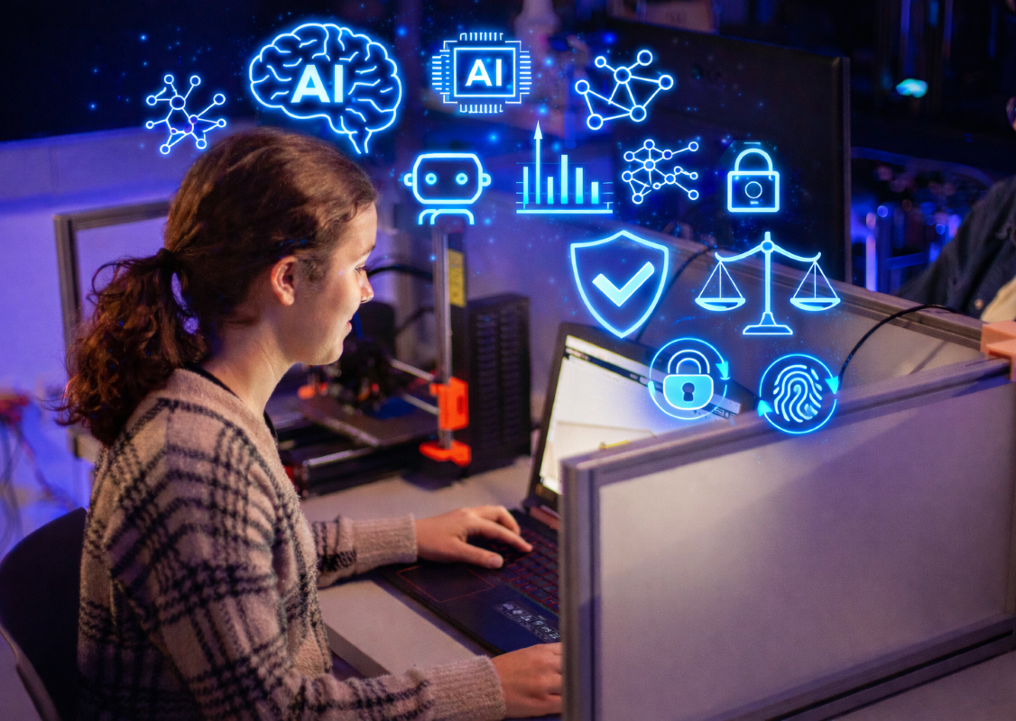 AI graphic with girl student on computer