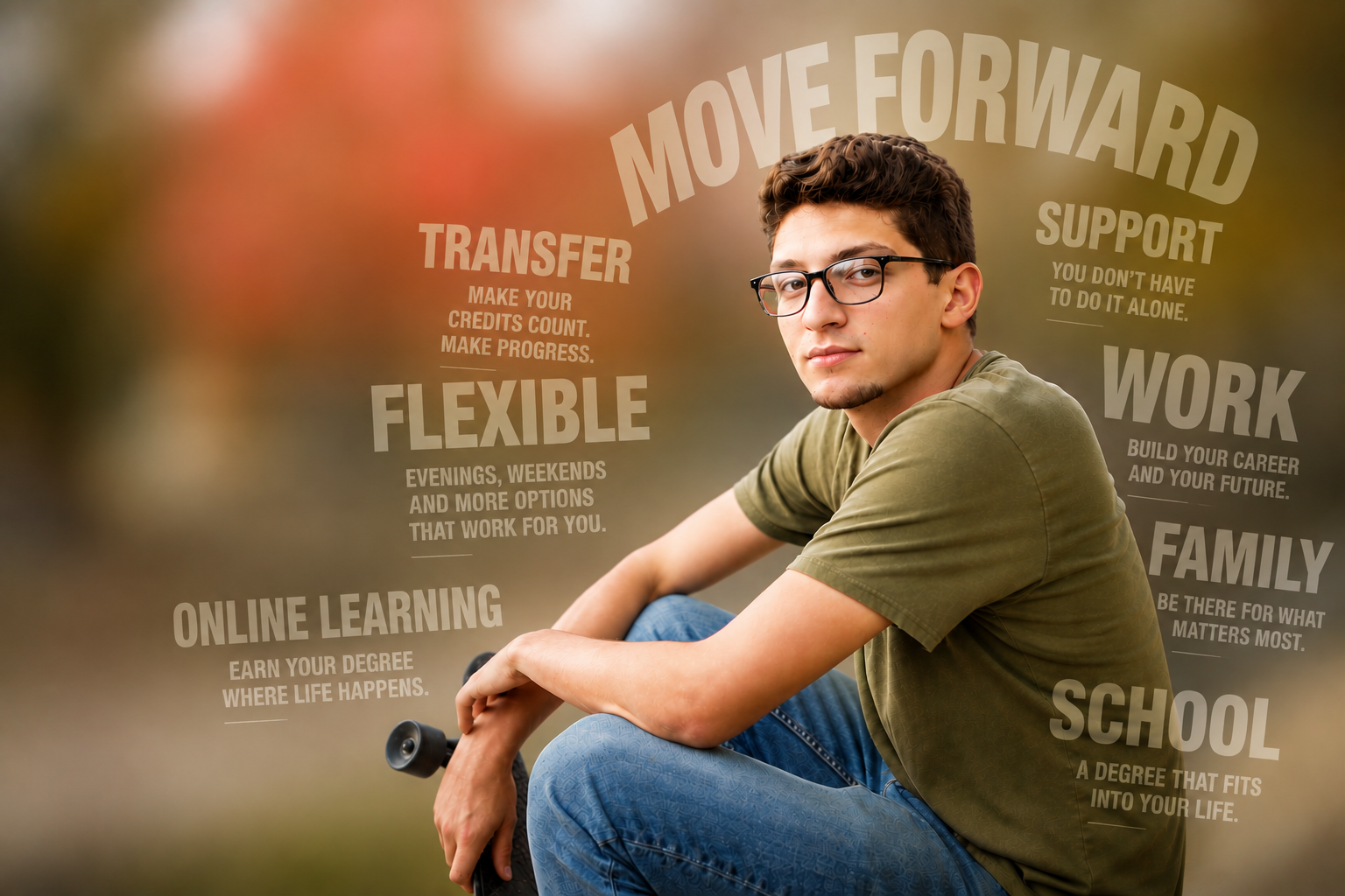 student with words floating around him