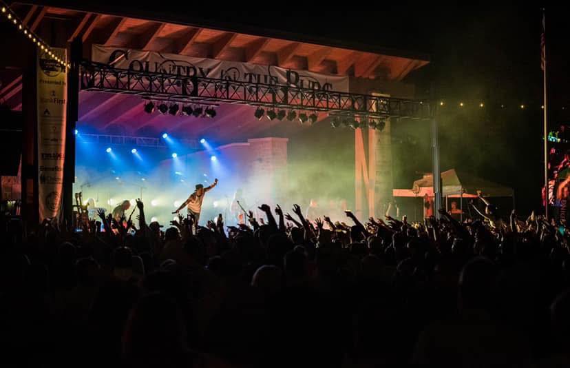 Concert goers at a concert with a colorfully lit stage