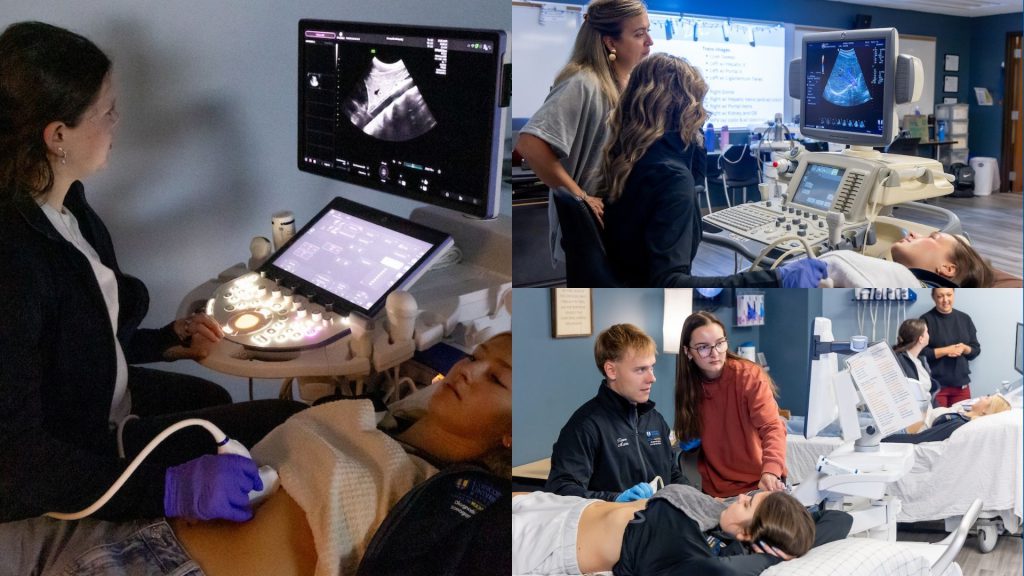students working closely with equipment in lab
