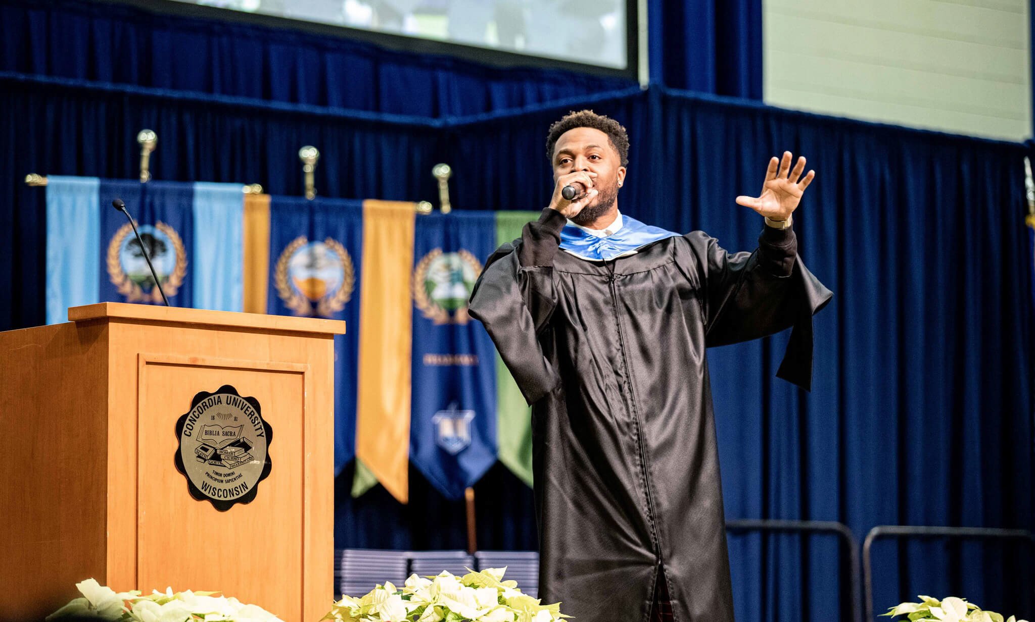 Grammy-nominated rapper Flame spoke at CUW's commencement