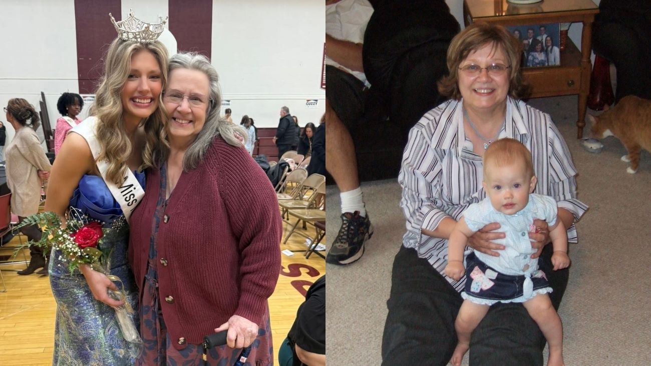 young woman in dress with grandma next to older picture