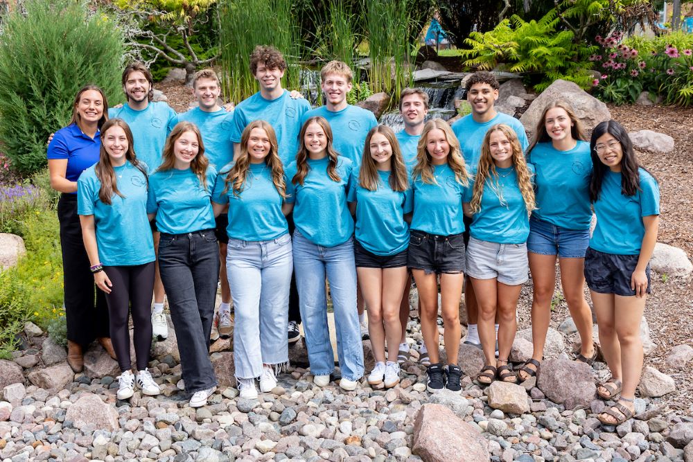 students in blue shirts