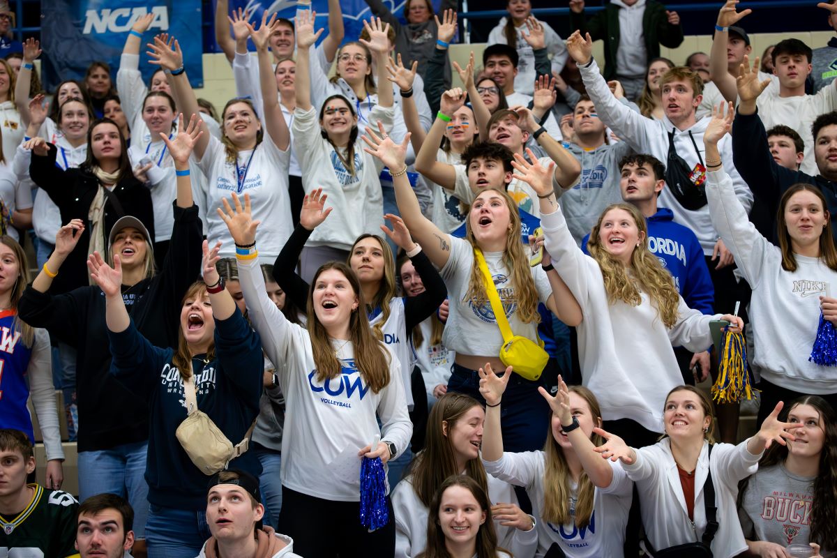 students in stadium reaching for object