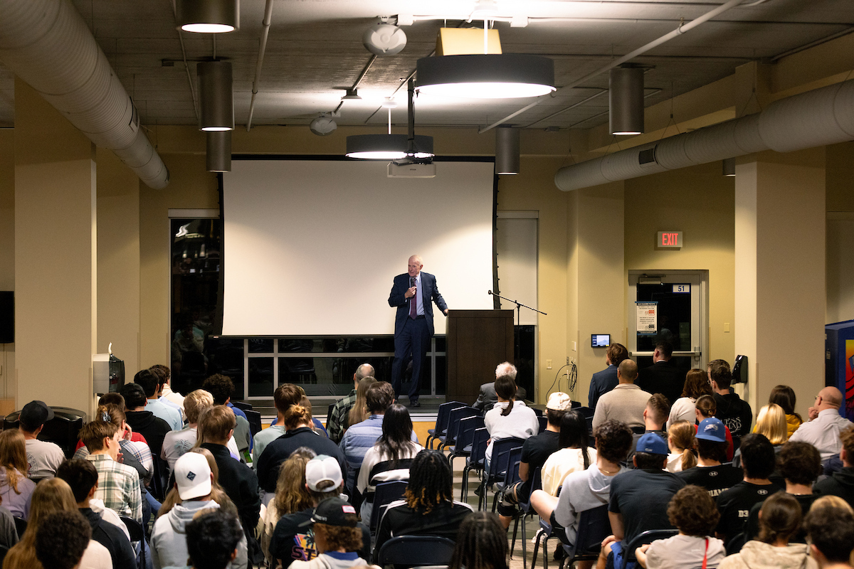 Former Milwaukee Mayor and U.S. Ambassador to Luxembourg Tom Barrett addresses a gathering at Concordia University Wisconsin.