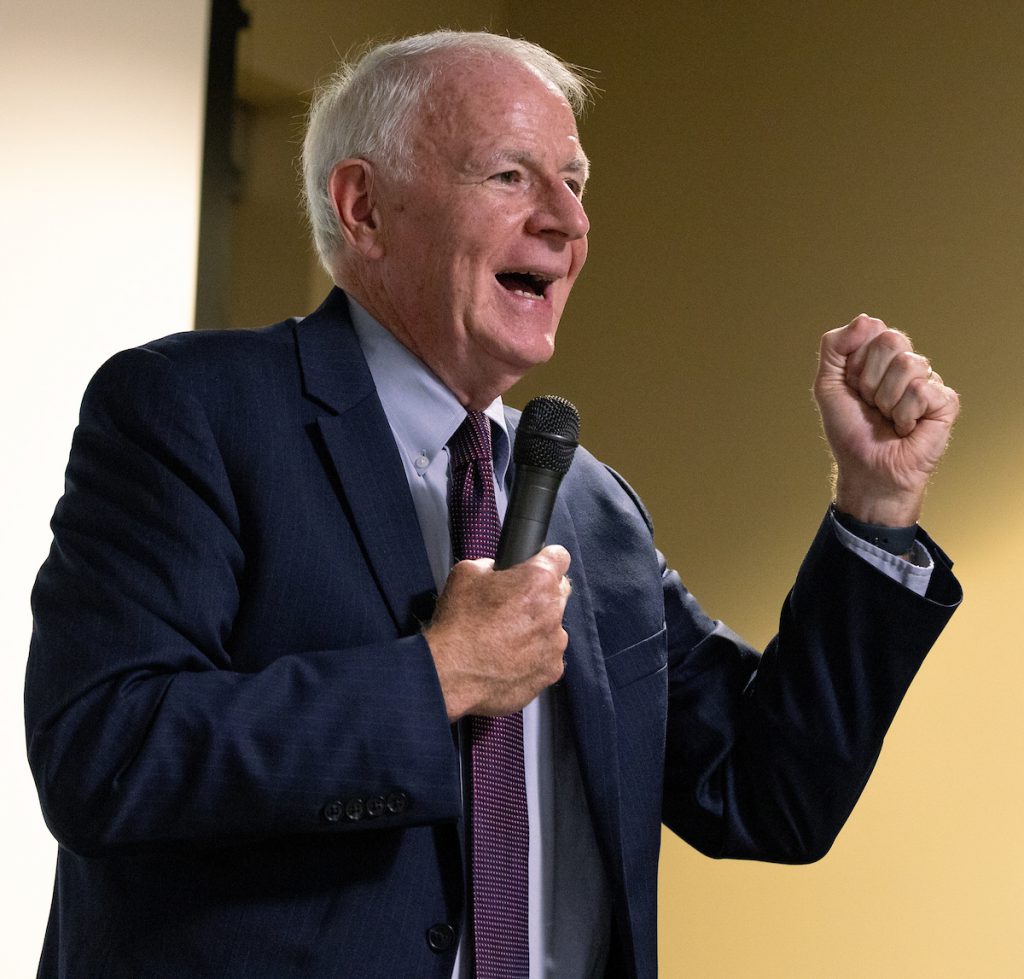 Former Milwaukee Mayor and U.S. Ambassador to Luxembourg Tom Barrett makes a point during his speech at CUW. 