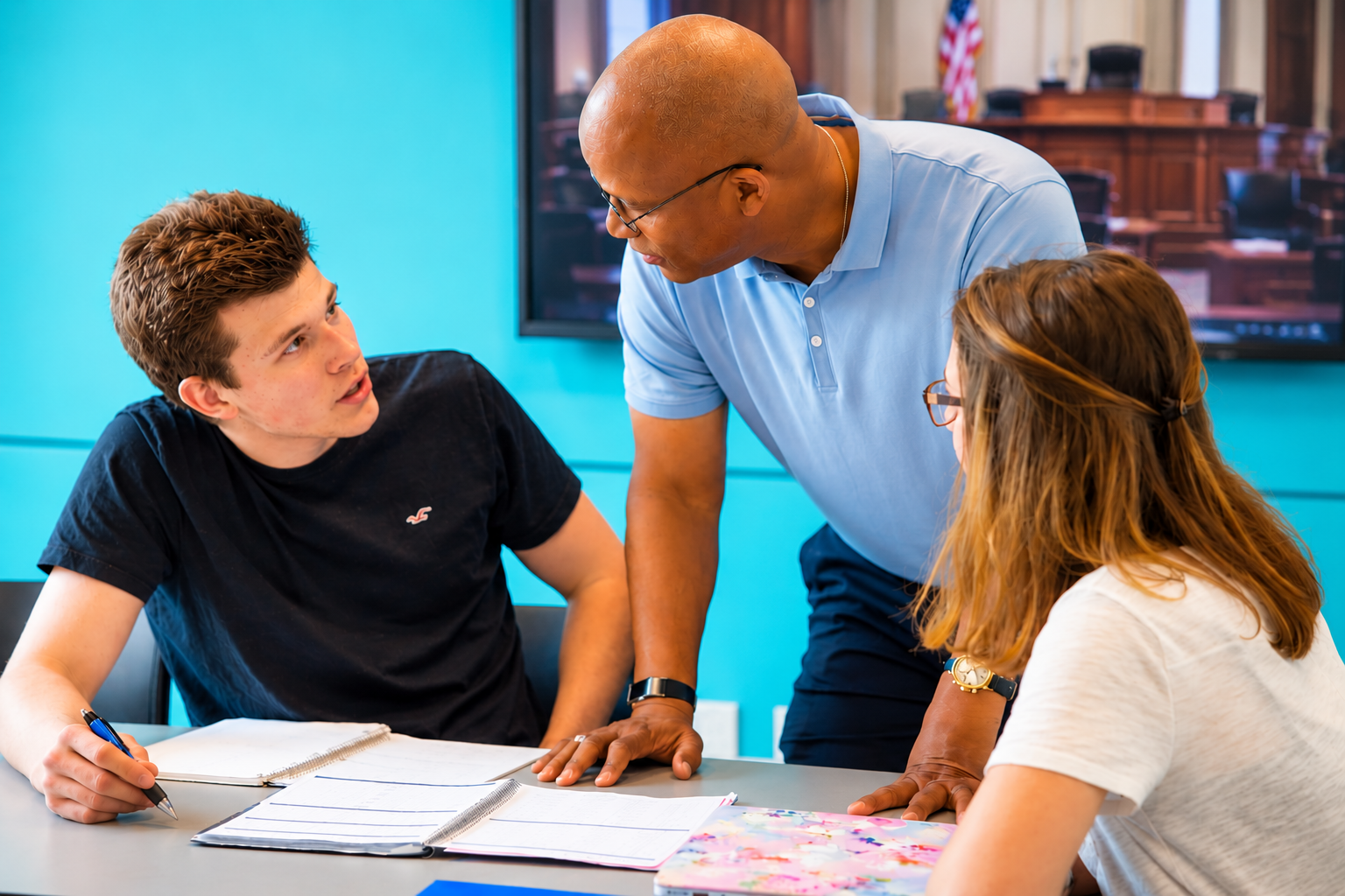 man in blue shirt talkng with two students about documents on table