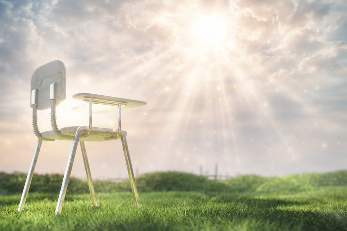 school desk with heavenly sky in background