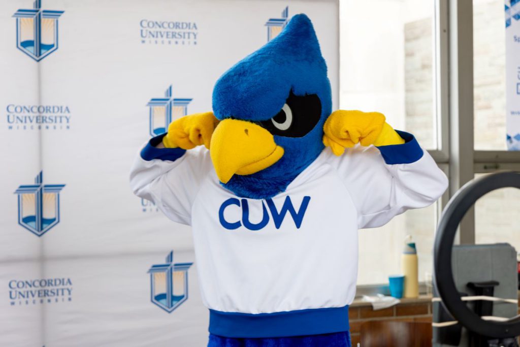Falcon mascot making muscles