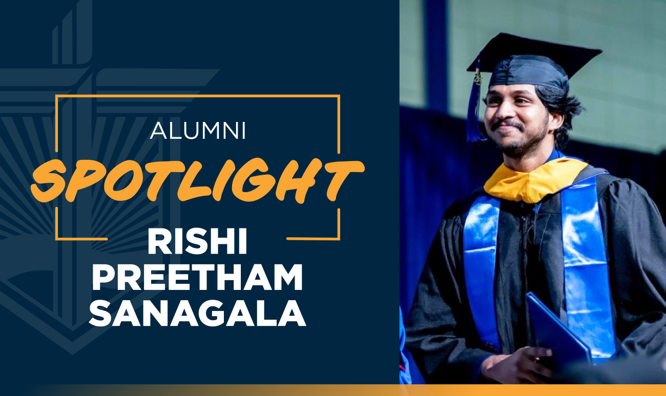 Grady Rishi Sanagala with side print saying alumni spotlight and his name