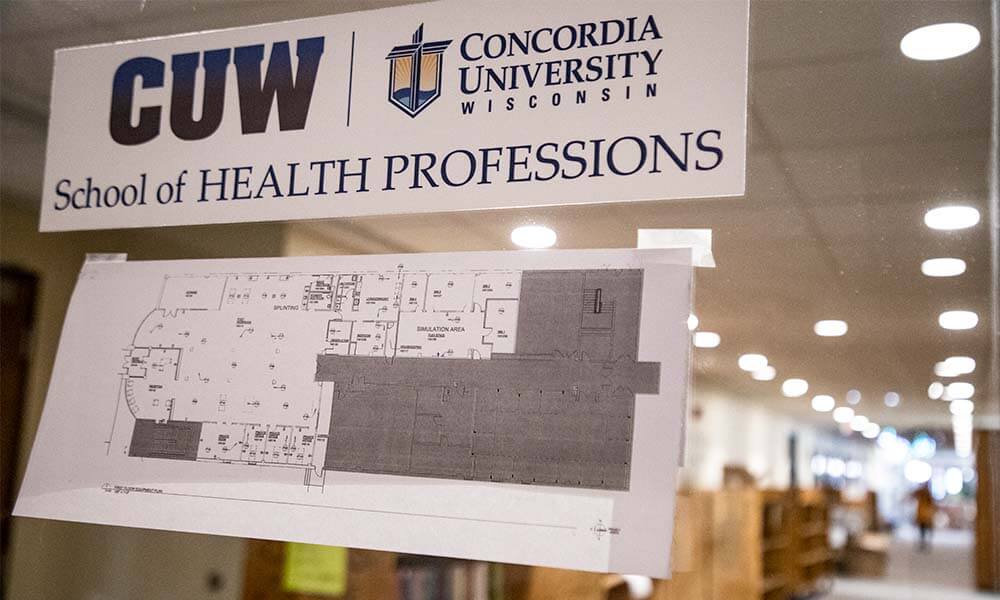 A printout of the floor plan for the new School of Health Professions inter-professional clinic.