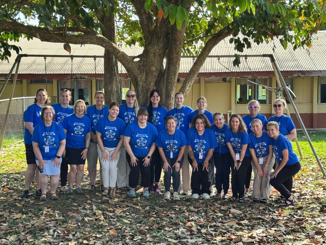 group of college students in blue shirts