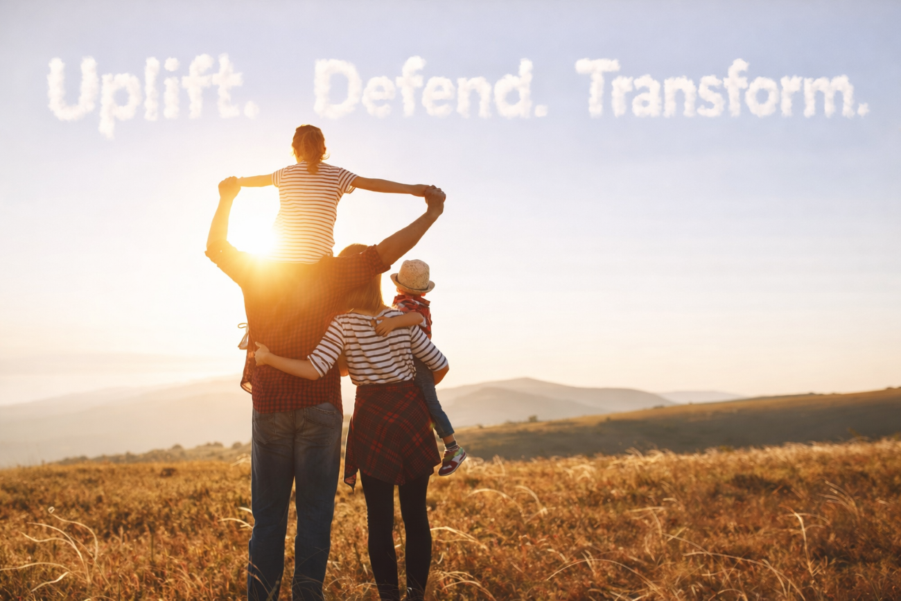 family standing in field with clouds