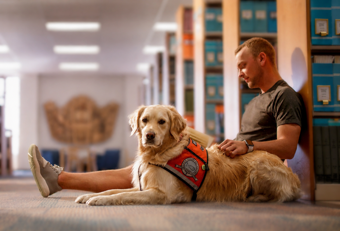 Golden retriever with student in library