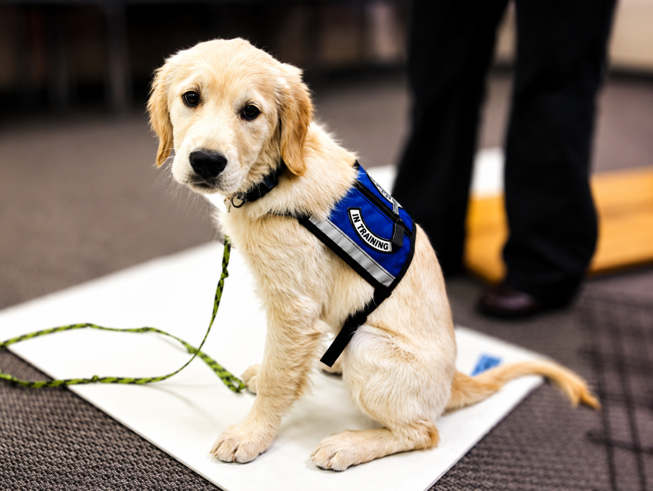 dog with blue training vest on