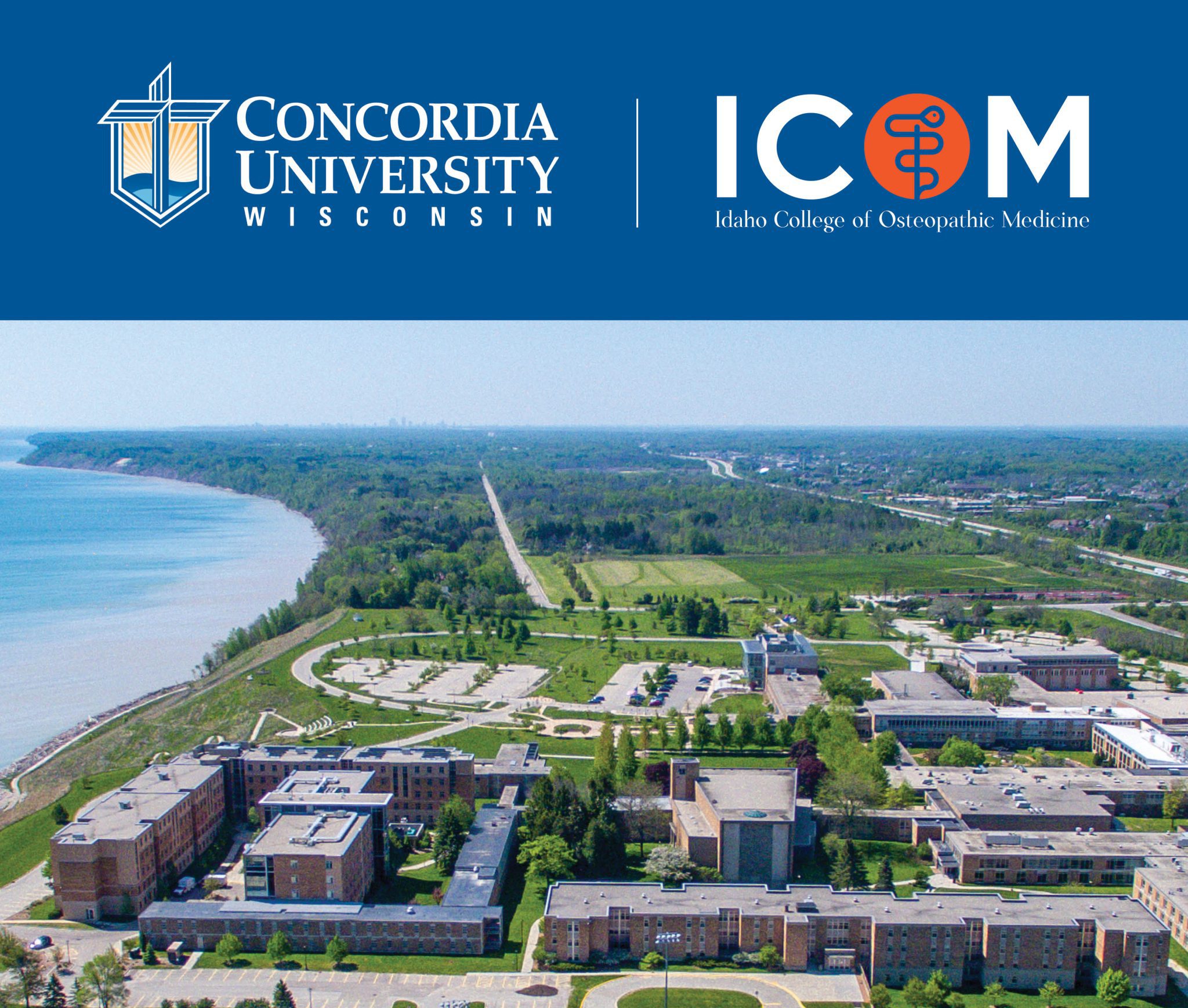 bird's eye view of campus, plus the cuw and ICOM logos at top