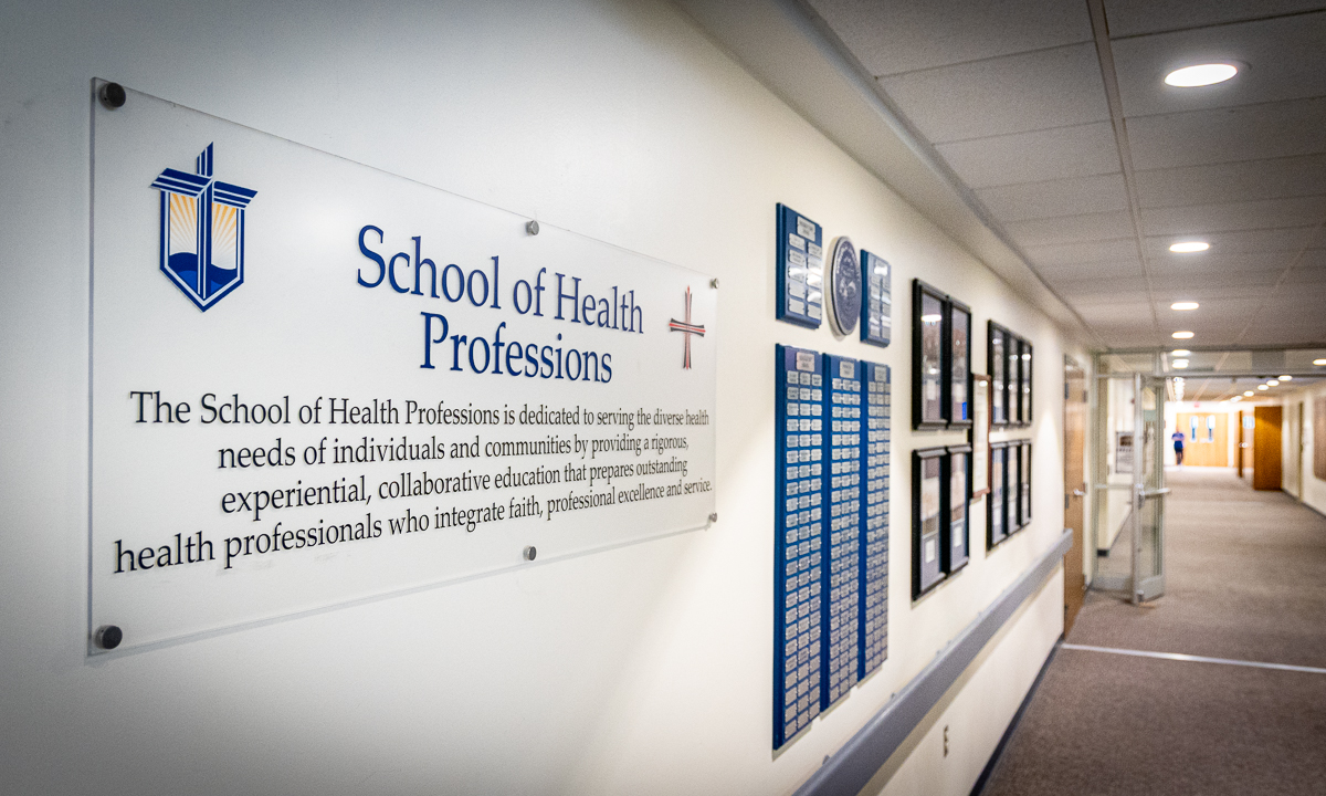 hallway with photos and text